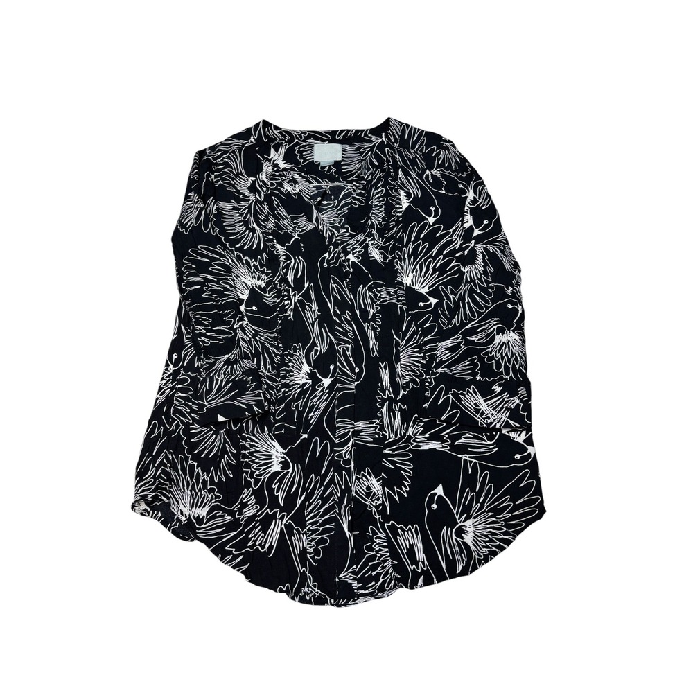 Maeve Anthropologie Black White Bird Print Blouse Rayon Split Neck Top Womens  8